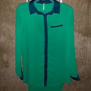 Flawless Unique Free People Oversized Silky Green Button Up Top Blouse Classy